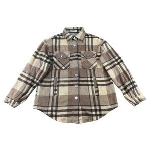 BoutiKome Plaid Shacket Womens S Tan Brown Brown Plaid‎ Button Flannel Pockets